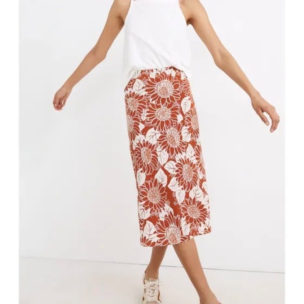 Madewell Rusty Orange Sunflower Season Silk Midi Slip Skirt 10 NWT